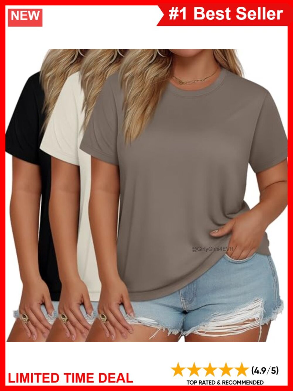 Plus Size T-Shirts 3 Pack Crew Neck Short Sleeve Loose Fit Tees for Women